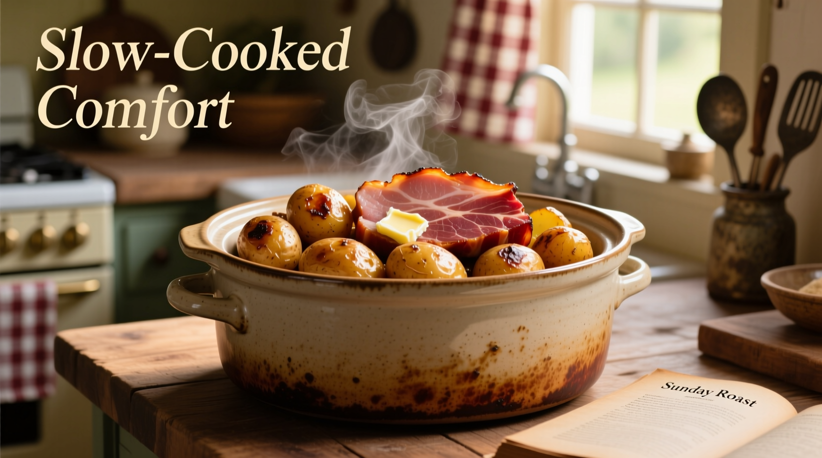 Slow cooker filled with golden potatoes and smoked ham