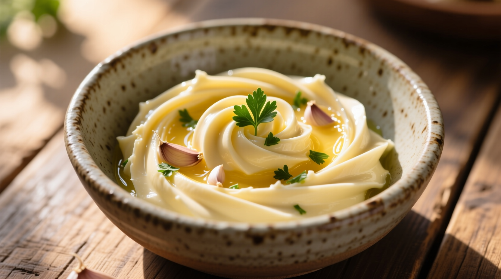 Fresh garlic butter swirl in rustic ceramic bowl