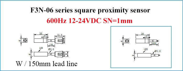 Sensor de proximidade indutivo com NPN NO, 12-24VDC, IP67 Sn1mm Série F3N com CE F3N-06TN01-N