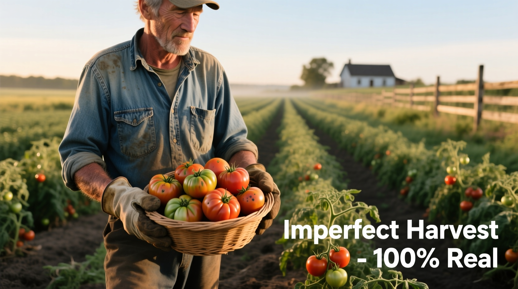 Farmer holding imperfect tomatoes in field