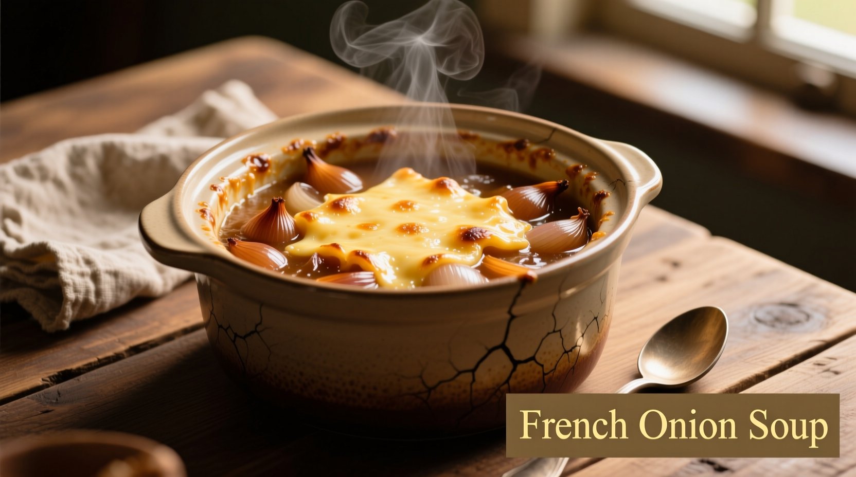 Crock pot French onion soup with melted cheese topping