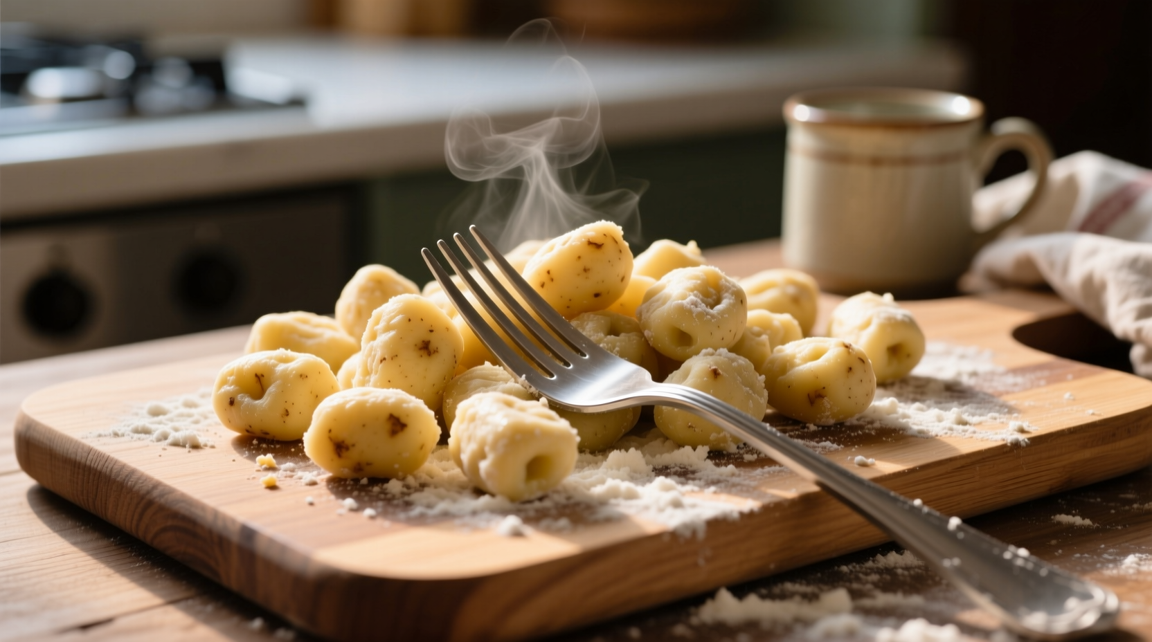Fresh potato gnocchi on wooden board with fork