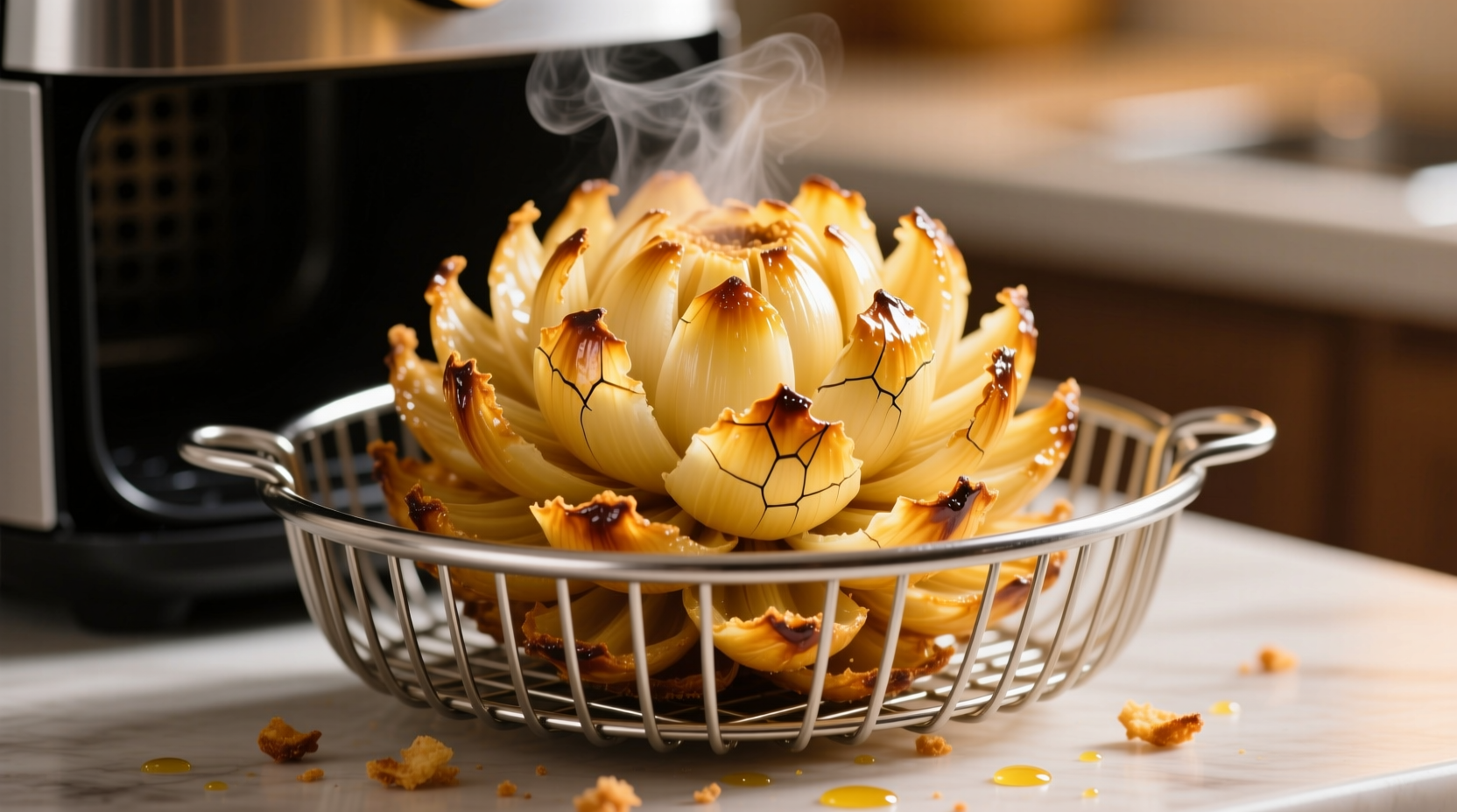 Crispy golden bloomin onion in air fryer basket