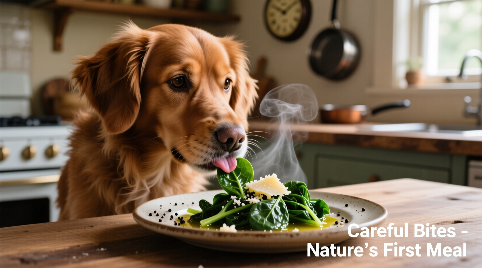Dog carefully eating small portion of cooked spinach