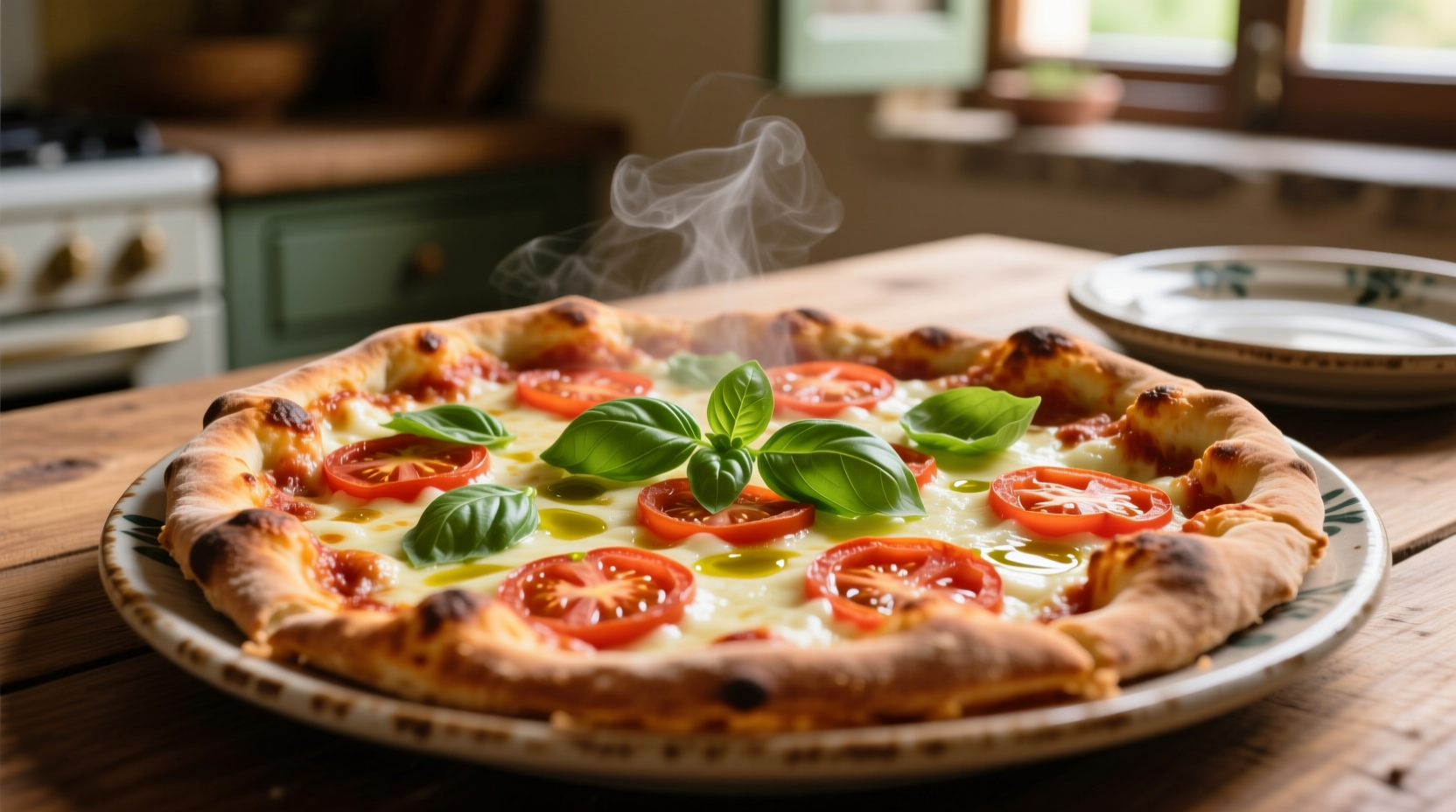 Traditional Italian tomato pie with melted cheese and fresh basil
