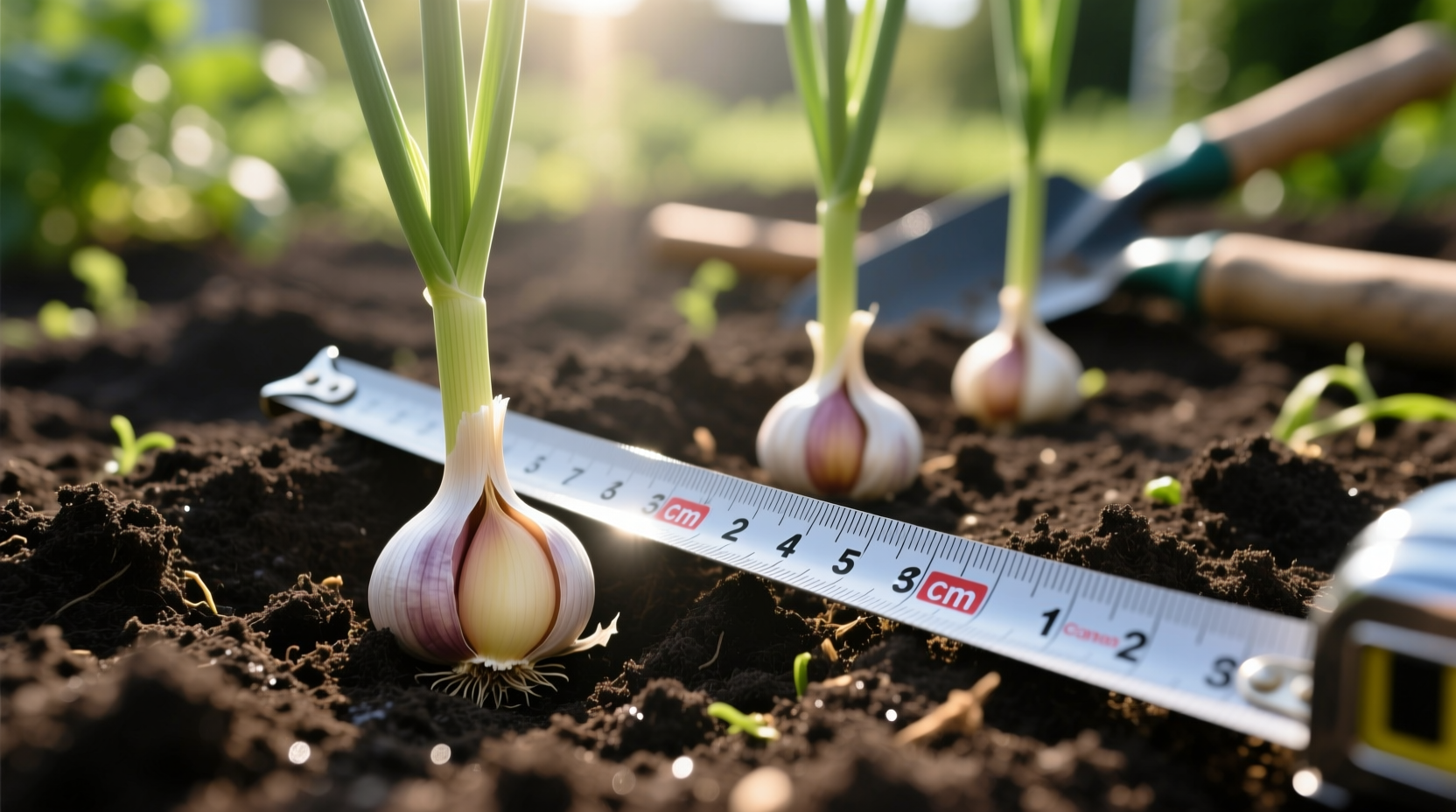 Garlic cloves planted in garden soil with measuring tape