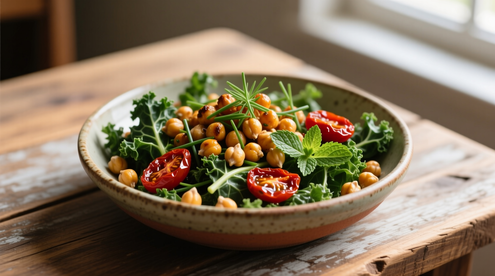 roasted chickpea kale salad sun dried tomato vinaigrette herb