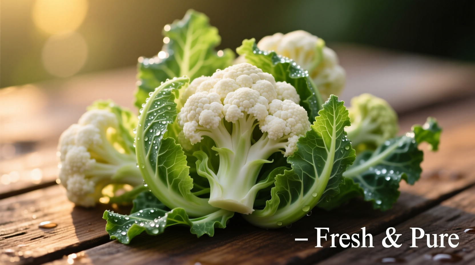 Fresh cauliflower florets with green leaves