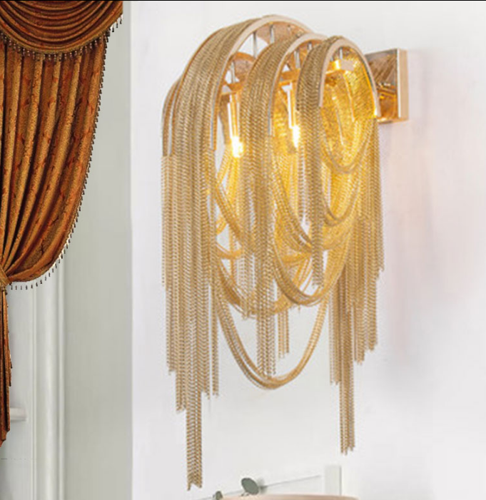 Nordic simple tassel gold aluminum chain wall lamp bedroom living room dining aisle club bedside wall lamp
