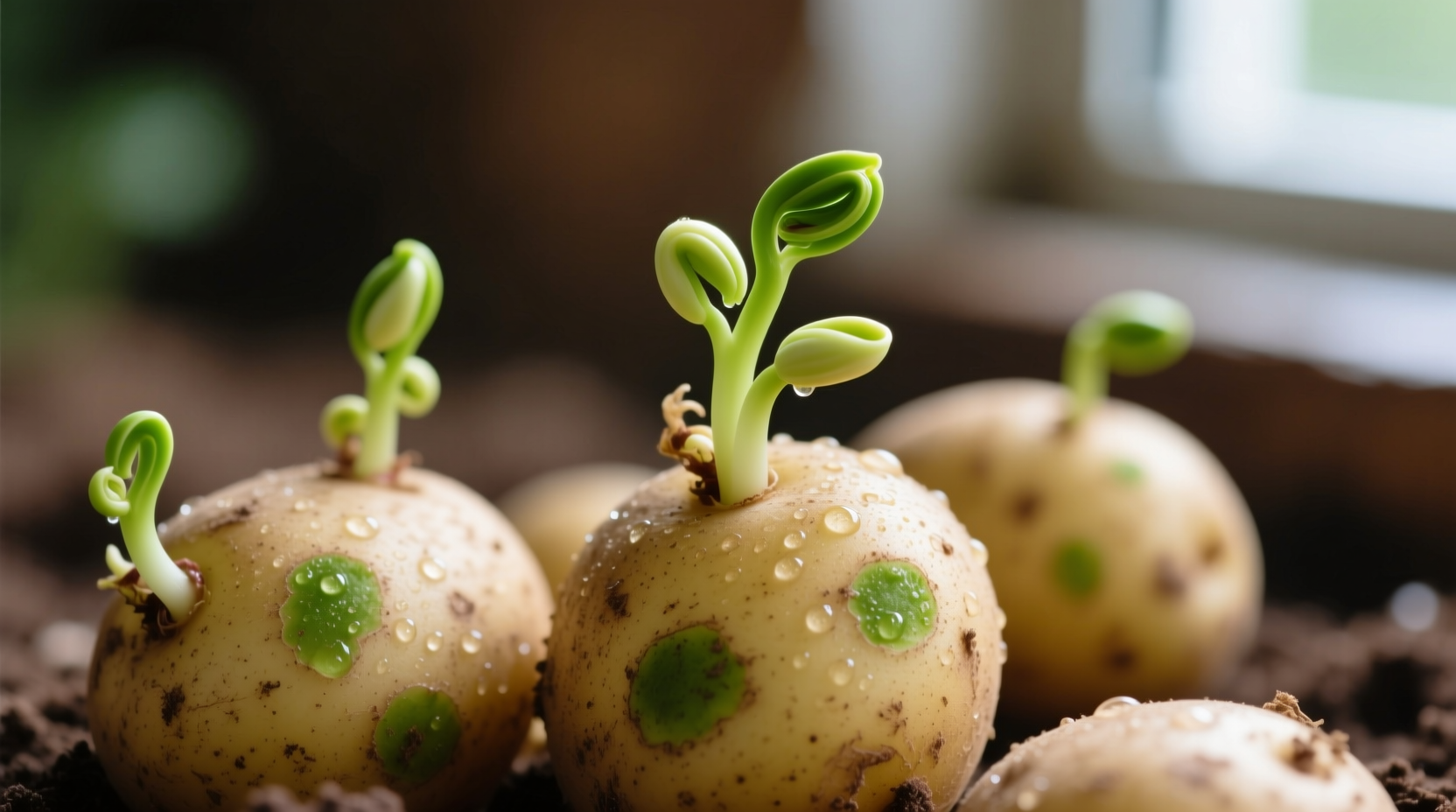 Close-up of sprouted potatoes showing green areas and sprouts