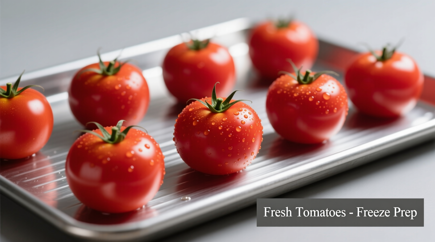 Fresh tomatoes prepared for freezing on baking sheet