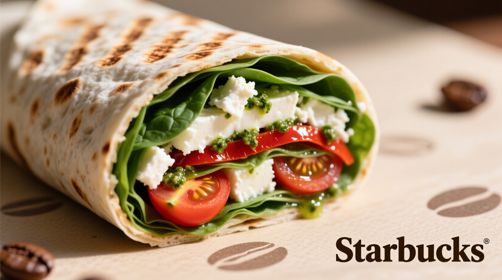 Starbucks spinach feta wrap cut in half showing ingredients