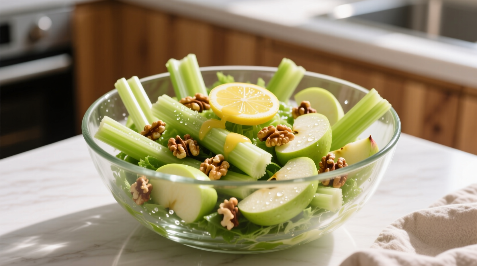 Fresh celery and apple salad in glass bowl with walnuts