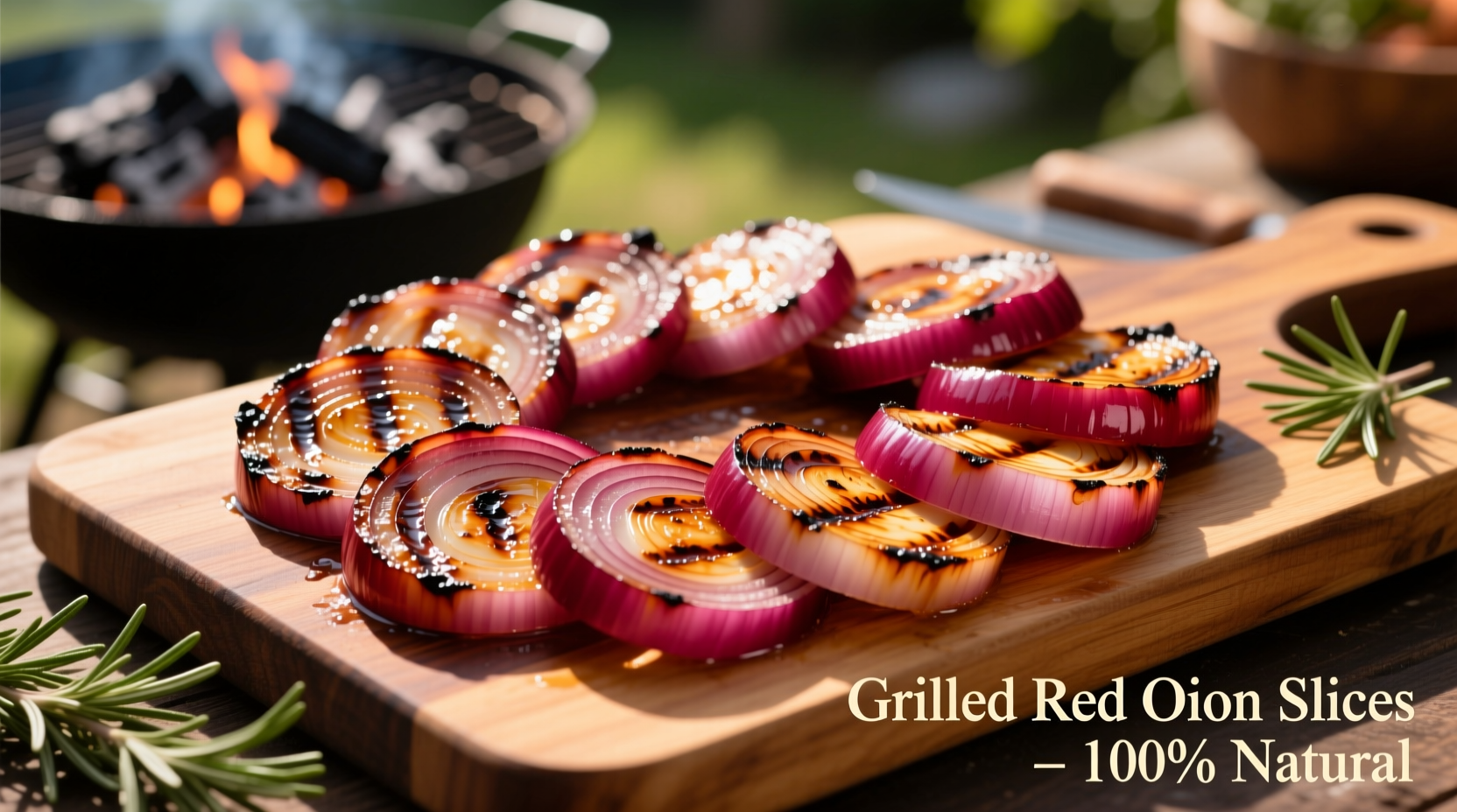 Perfectly grilled red onion slices on grill