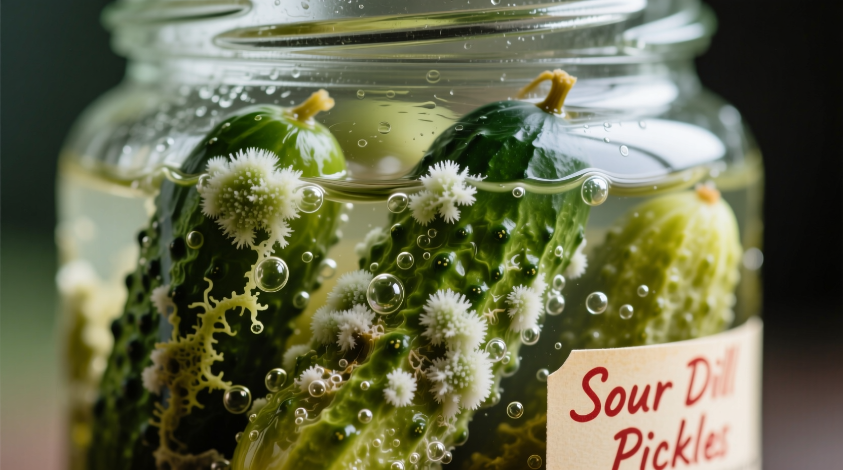Close-up of spoiled pickles showing mold growth