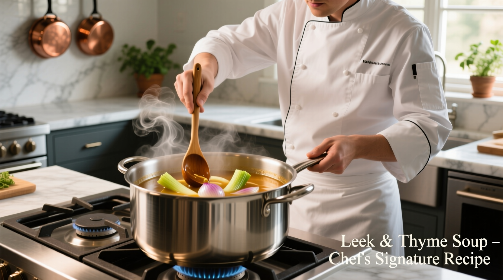Chef stirring leek soup in stainless steel pot