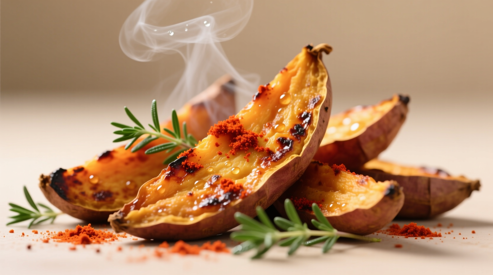 Close-up of roasted sweet potato wedges with visible Maillard browning, sprinkled with smoked paprika and fresh thyme
