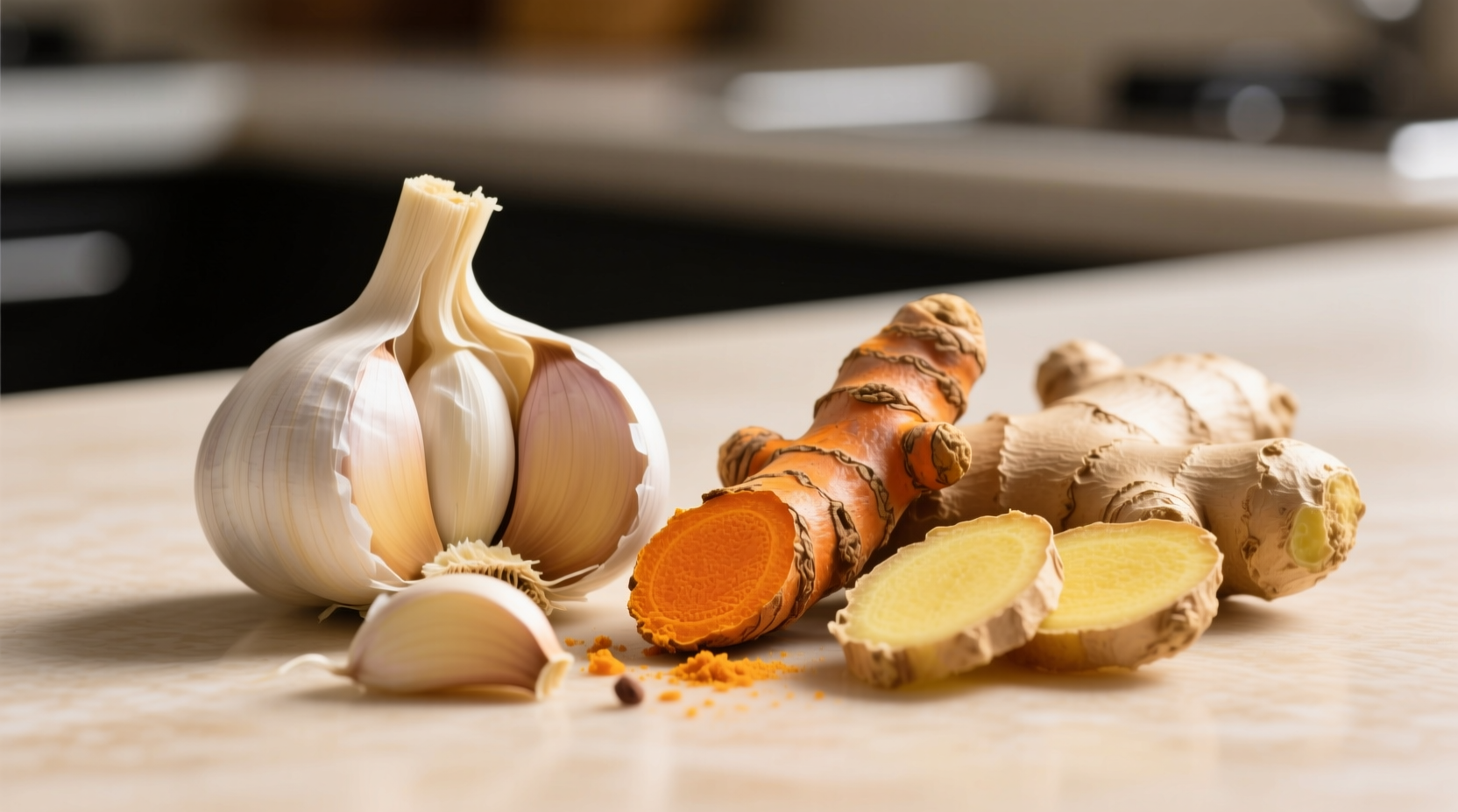 Fresh garlic cloves crushed beside turmeric root and ginger slices, demonstrating synergistic spice pairing for enhanced bioavailability
