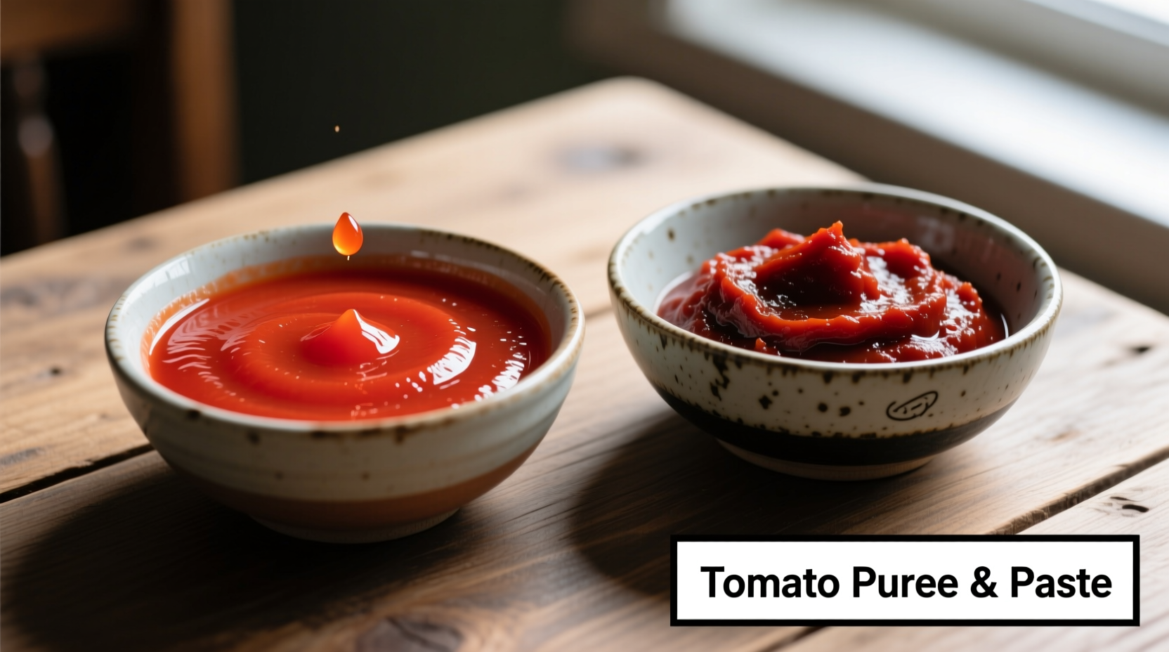 Tomato puree and paste side by side in bowls