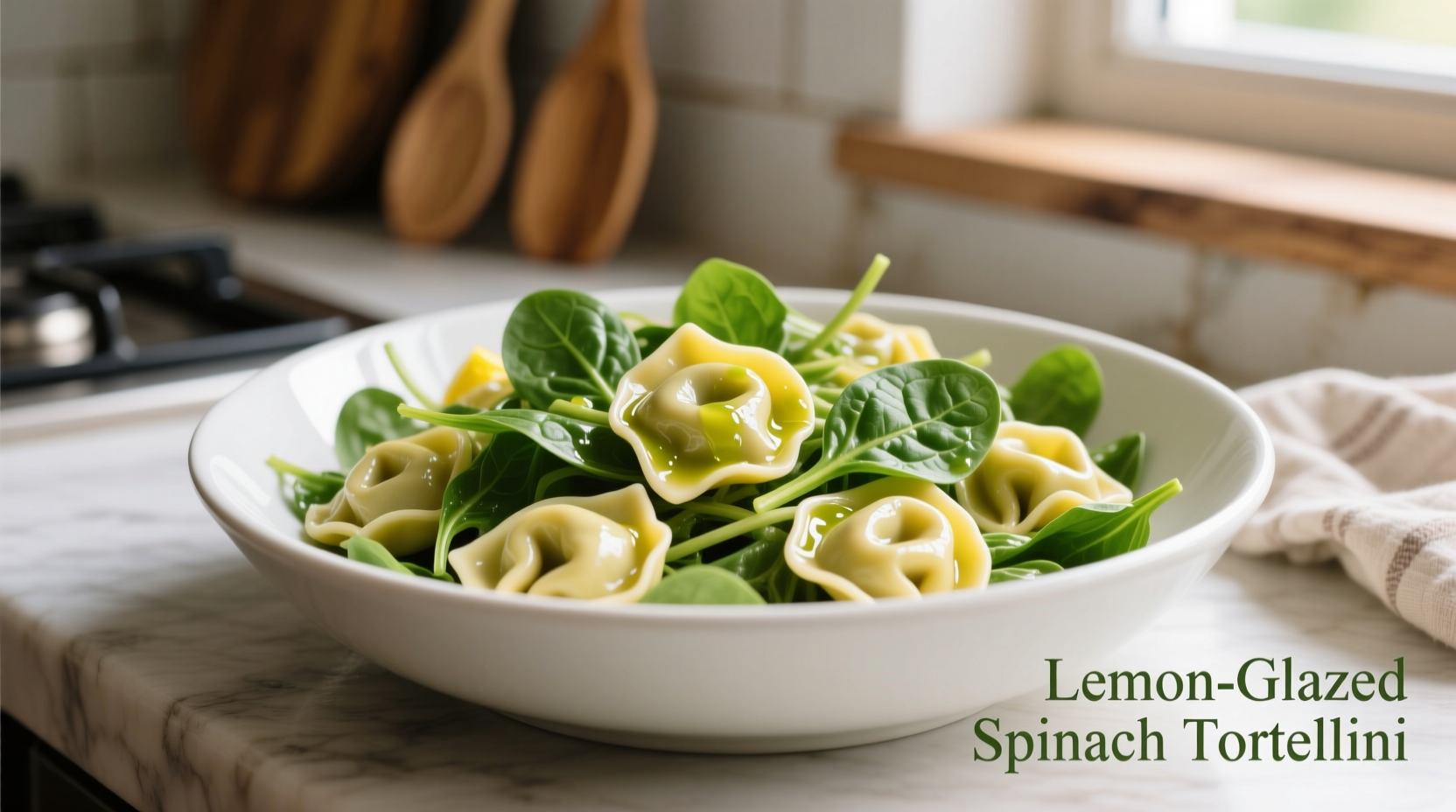 Spinach tortellini salad with lemon dressing in white bowl