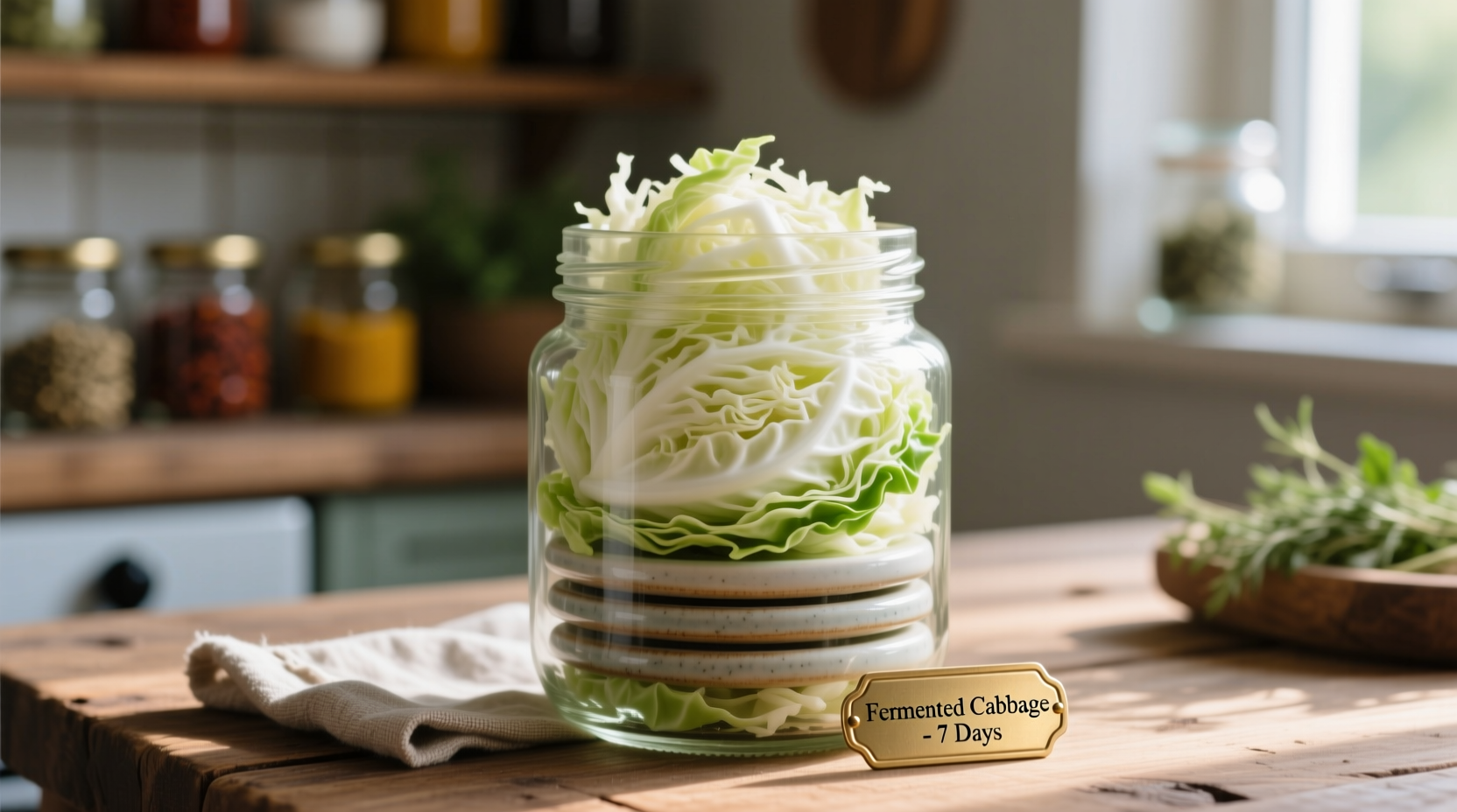 Fresh shredded cabbage in glass jar with weights