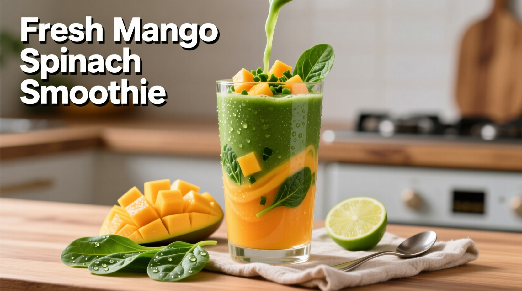 Fresh mango spinach smoothie in glass with ingredients