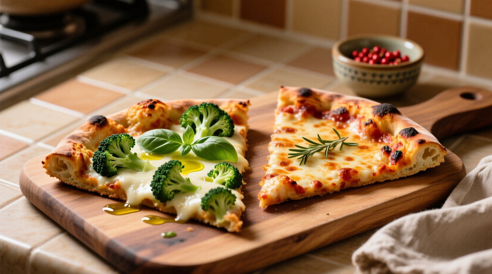 Cauliflower pizza slice next to traditional pizza slice
