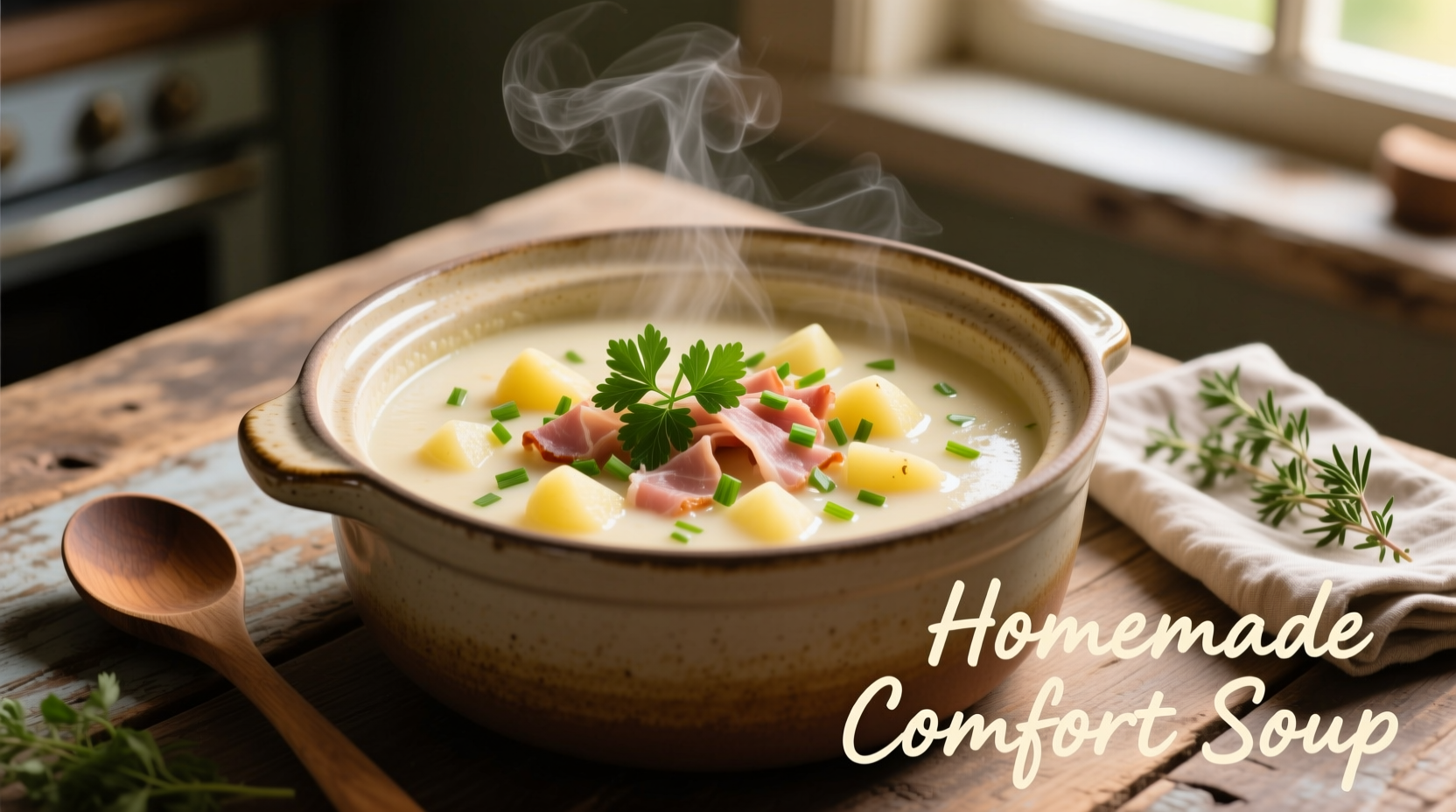 Creamy potato and ham soup in crock pot with fresh herbs