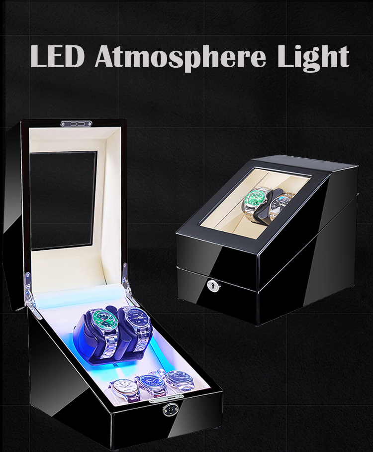 Black Orbit Watch Case with 2 Rotation Seats 3 Storage 5 Watches White PU leather Inside MDF Wooden Automatic Watch Winder Box