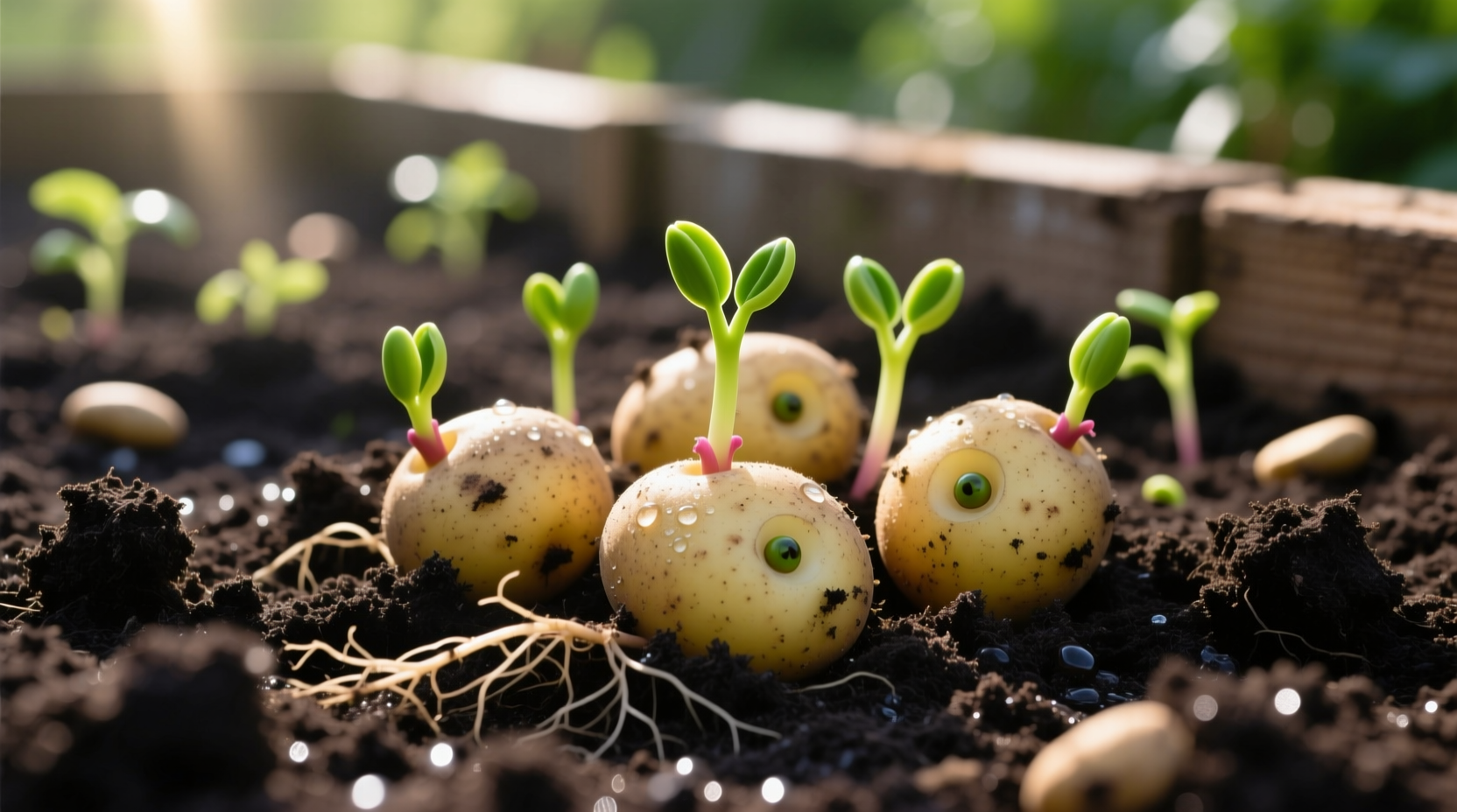 Sprouted potato pieces ready for planting in garden soil