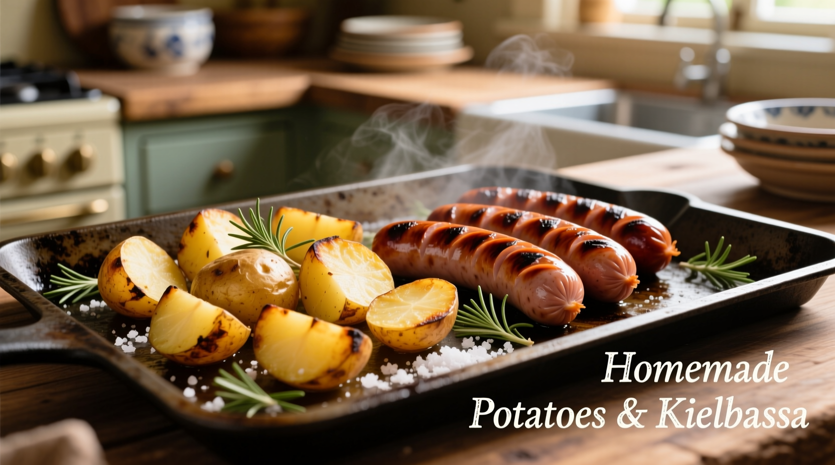 Golden potatoes and kielbasa on baking sheet