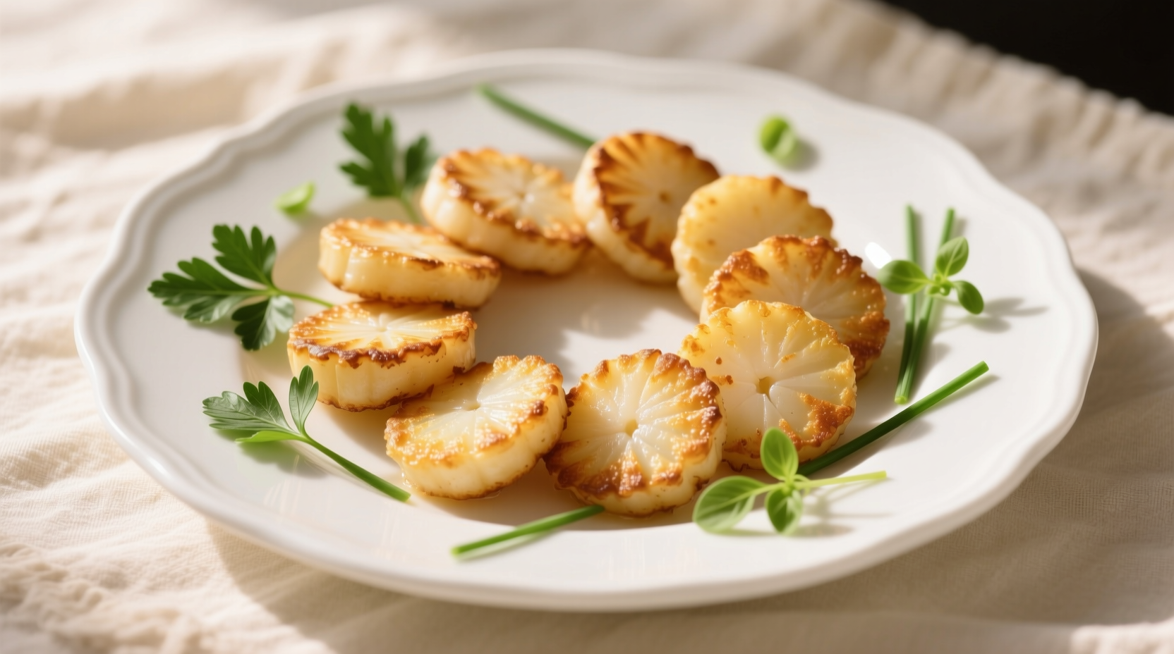 Golden brown potato scallops on white plate with fresh herbs