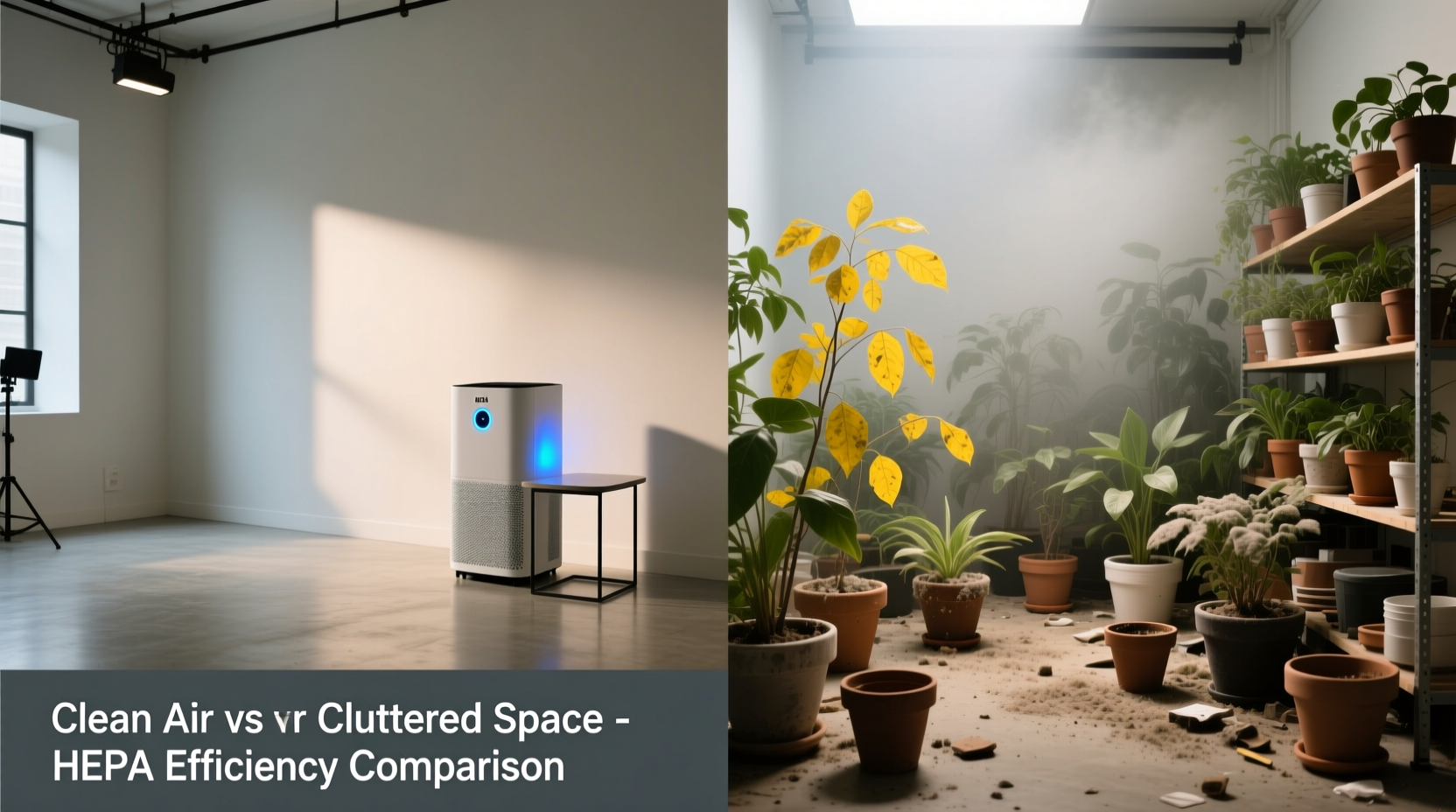 Side-by-side visual: left shows a tidy studio with one compact HEPA air purifier running on a side table, right shows the same space overcrowded with 12 potted plants, dusty surfaces visible, and no active air movement