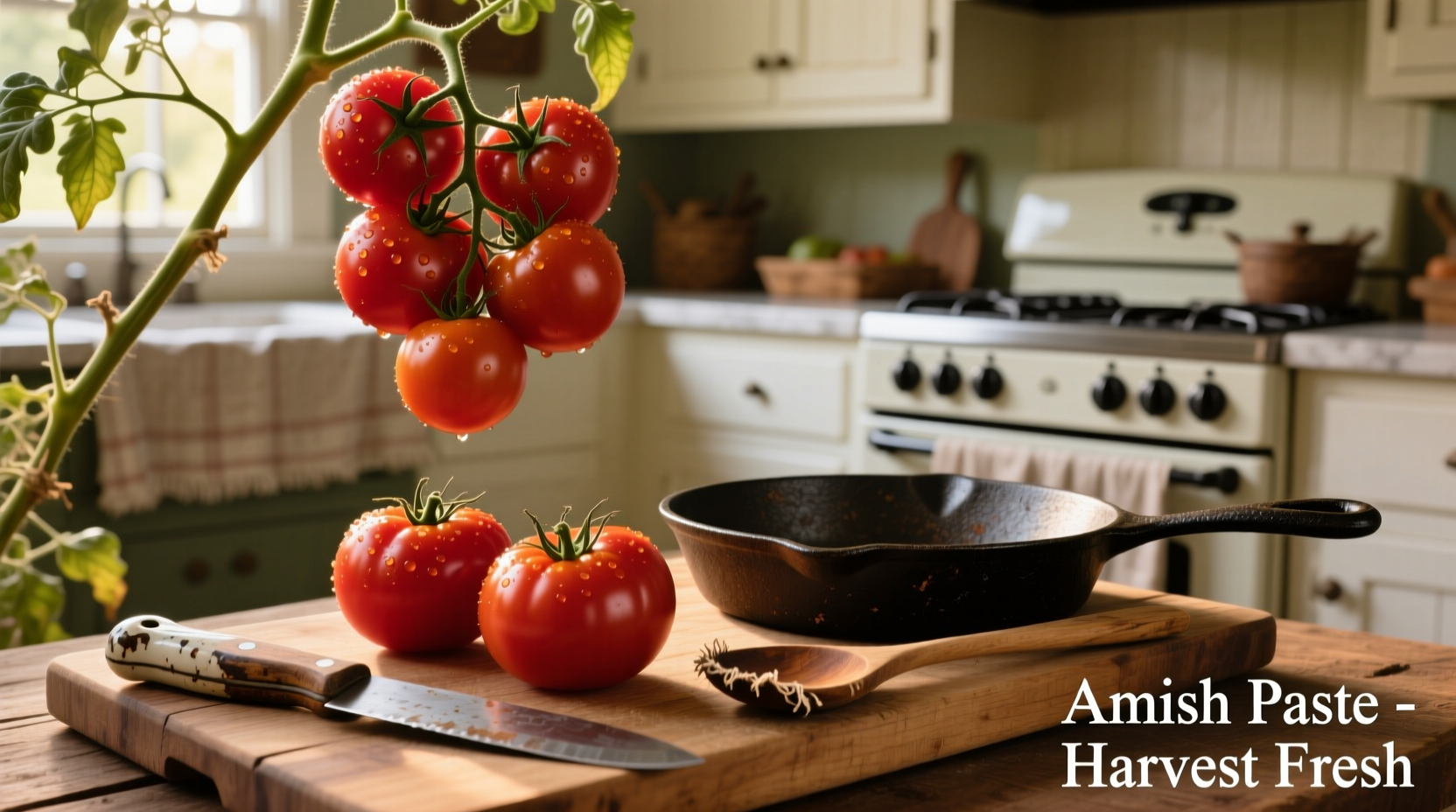 Ripe Amish Paste tomatoes on vine with kitchen tools