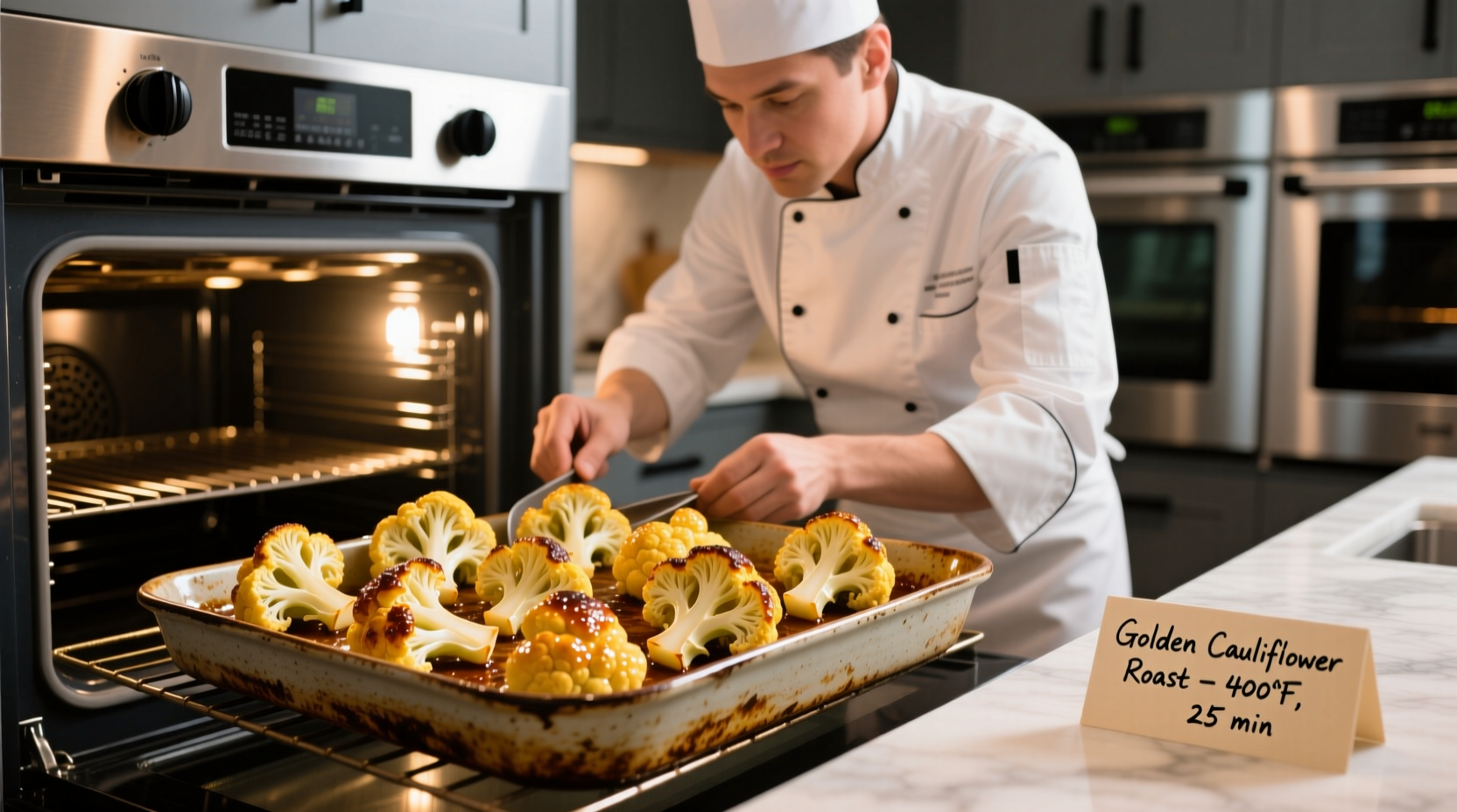 Chef roasting golden cauliflower florets in oven