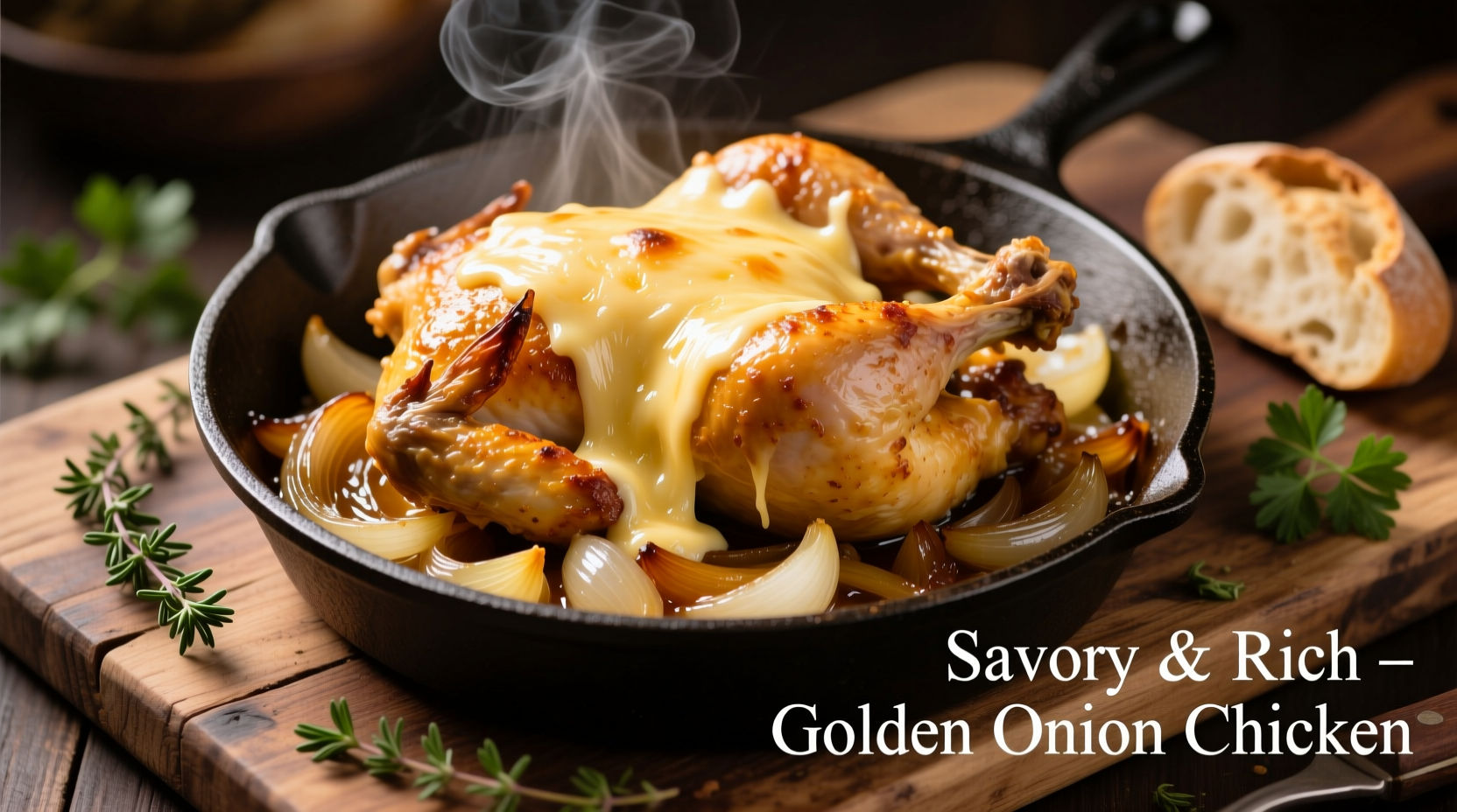 Golden French onion chicken with melted cheese topping