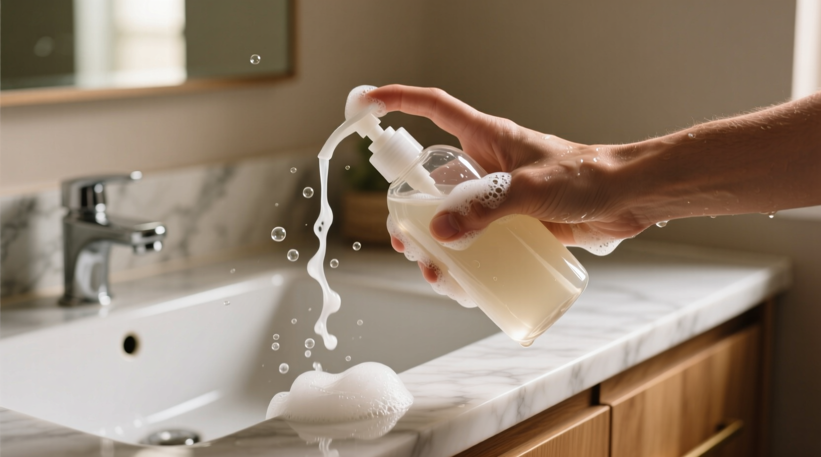 suck shampoo or soap back into the bottle to conserve i