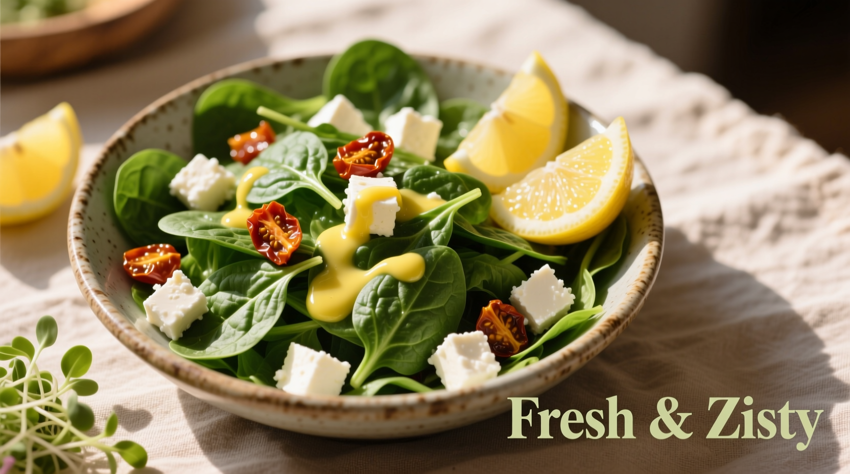 Fresh spinach feta salad with lemon dressing