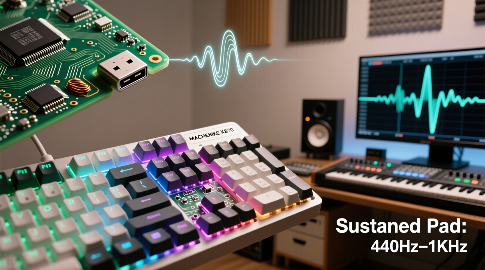 Why does my Keyboard MACHENIKE K870 produce high-pitched coil whine only during sustained synth pads in home studio setups (2026)?