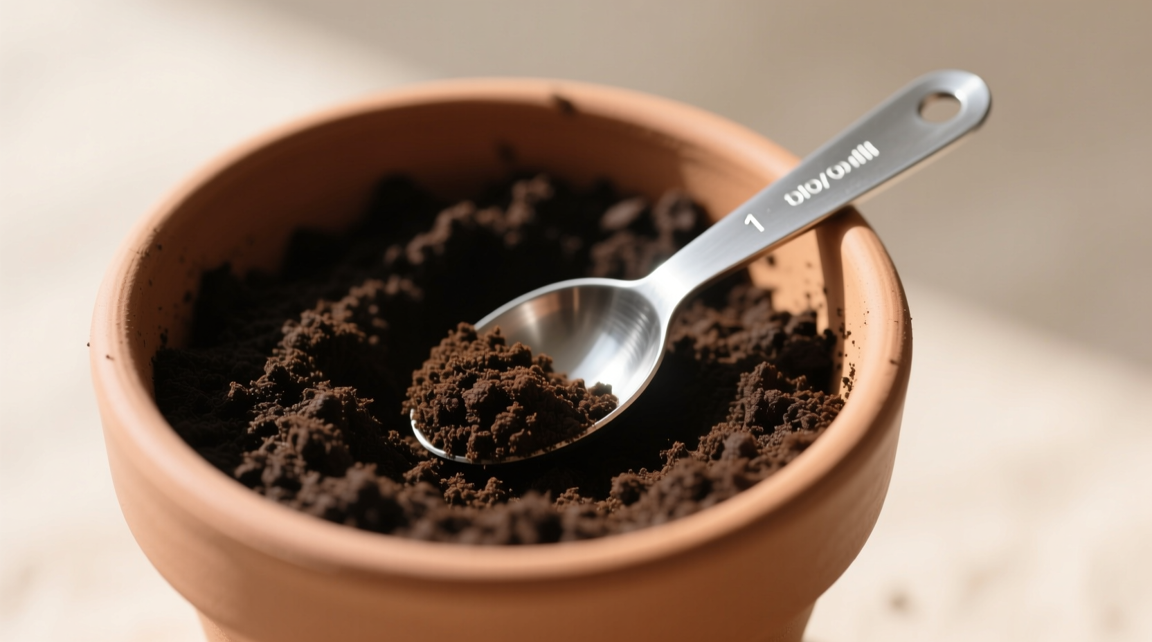 Close-up of coffee grounds mixed into potting soil with measuring spoon showing correct 1 tablespoon per gallon ratio