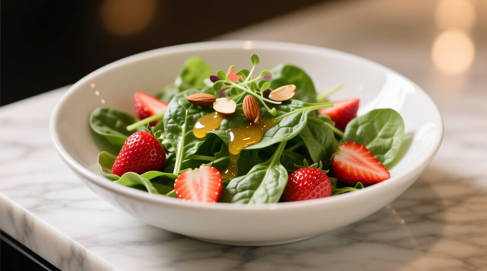 Fresh spinach and strawberry salad in white bowl