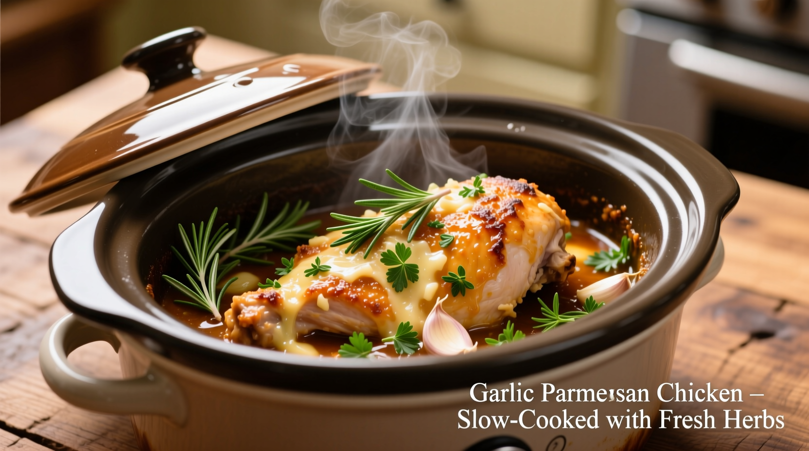 Garlic parmesan chicken in crock pot with fresh herbs
