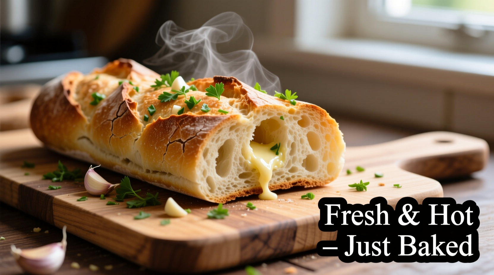 Freshly baked garlic French bread on wooden cutting board