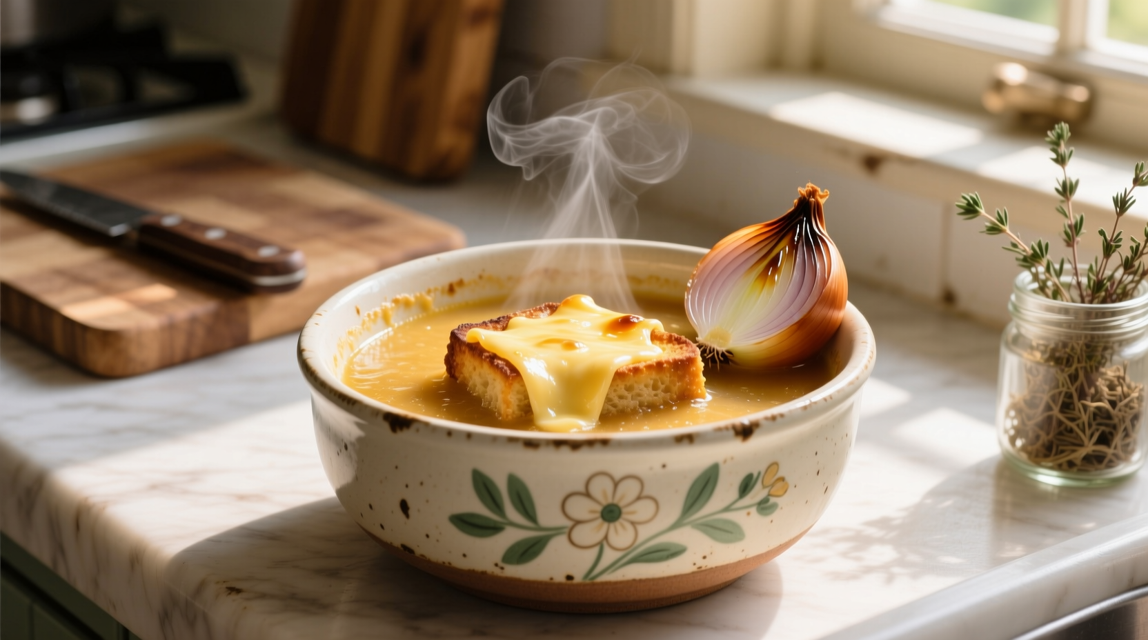 Martha Stewart French onion soup in ceramic bowl