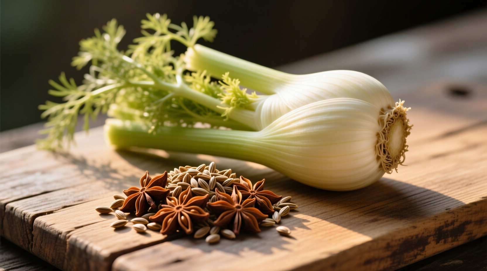 Fresh fennel bulb beside anise seeds on wooden board
