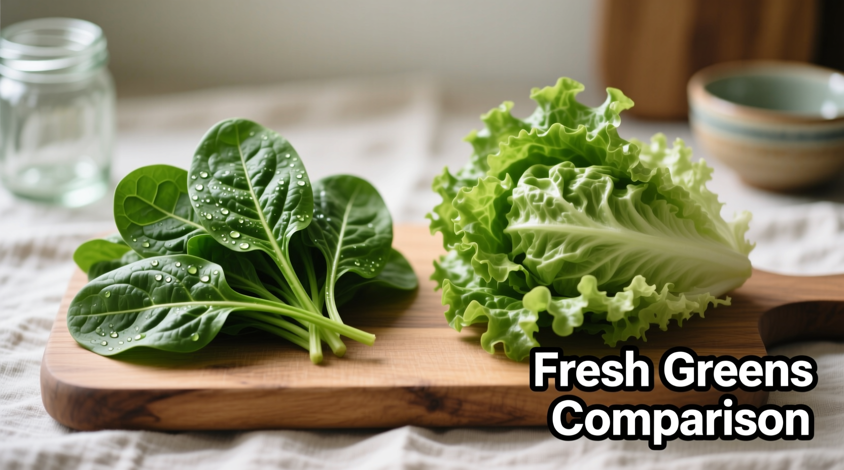 Side-by-side comparison of fresh spinach and lettuce
