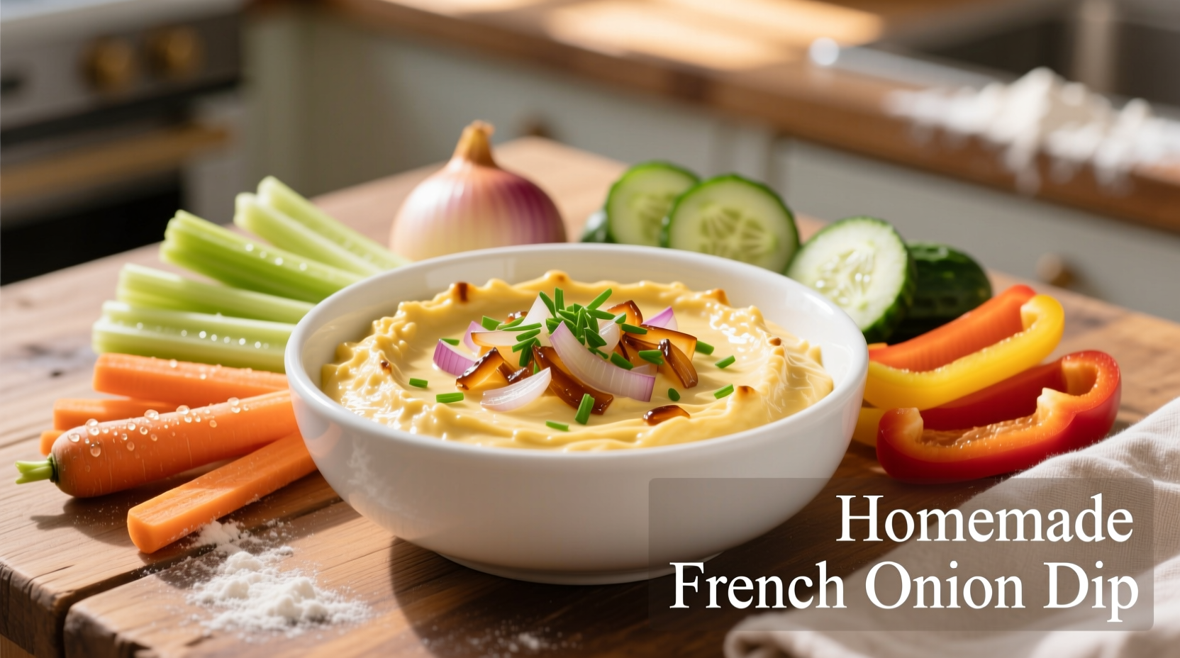 Homemade French onion dip in white bowl with vegetable dippers