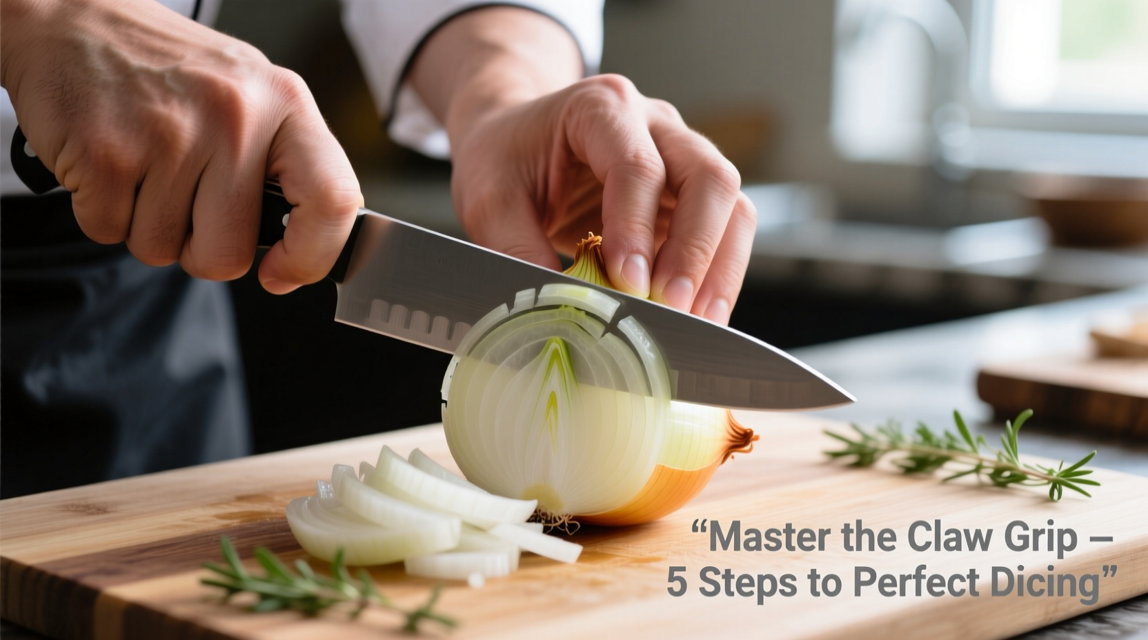 Chef's hands dicing onion with proper grip and technique