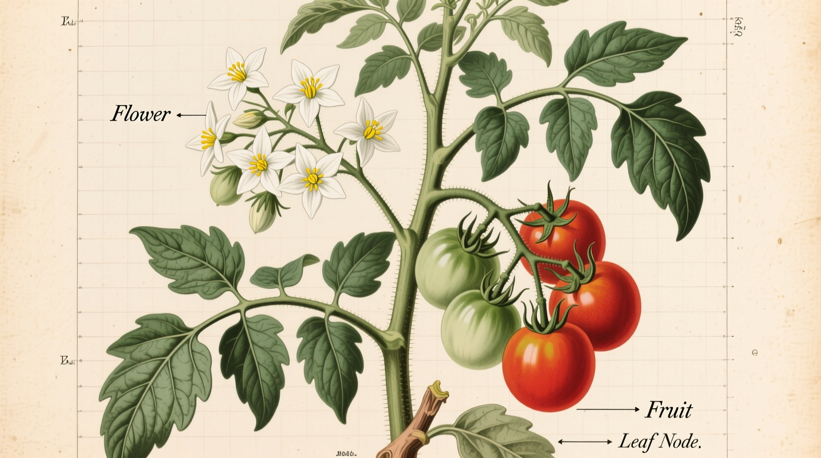 Tomato plant showing flowers and fruit on vine