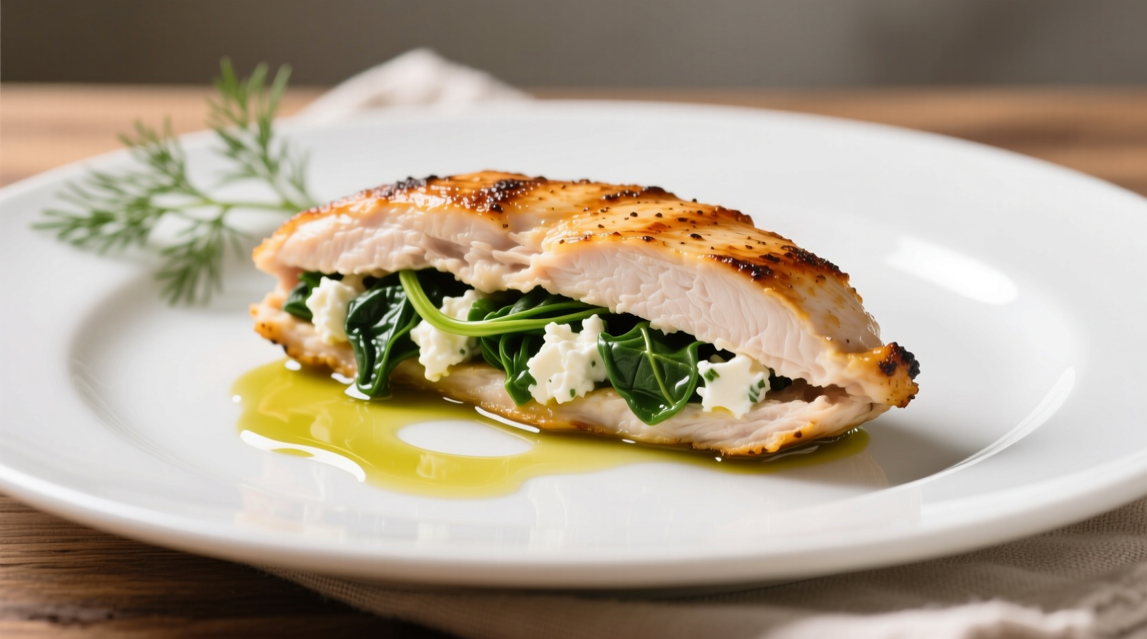 Spinach and feta stuffed chicken breast on white plate